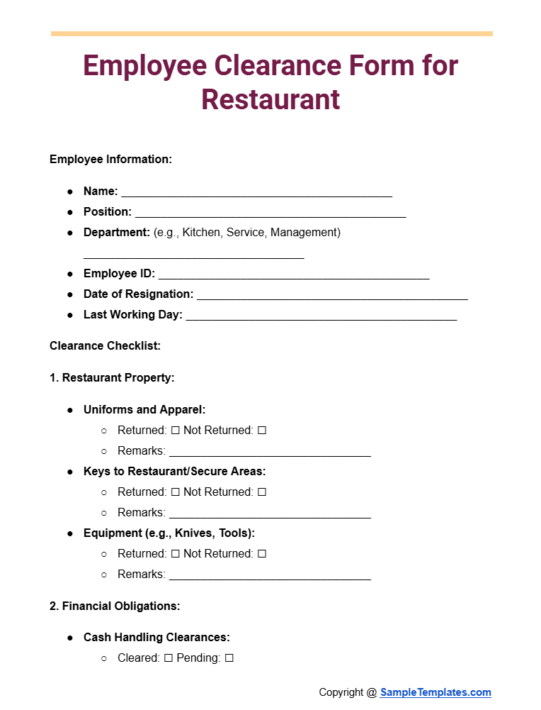 employee clearance form for restaurant