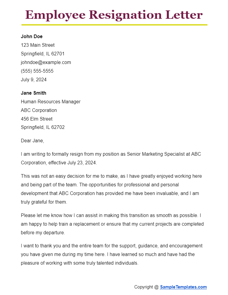 employee resignation letter