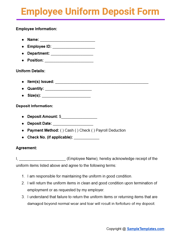 employee uniform deposit form