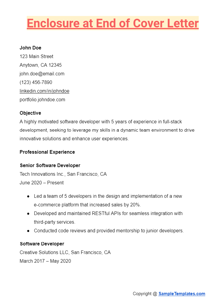 enclosure at end of cover letter