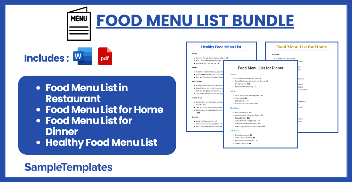 FREE 13+ Food Menu List Samples in Word, PDF