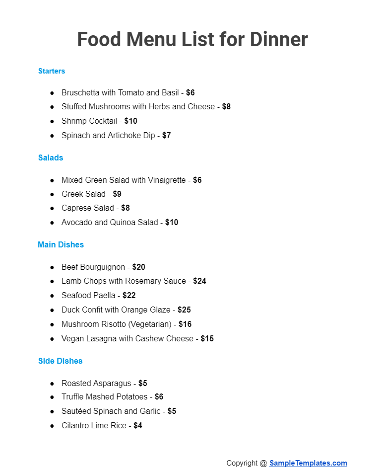 food menu list for dinner