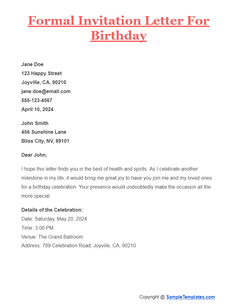 formal invitation letter for birthday