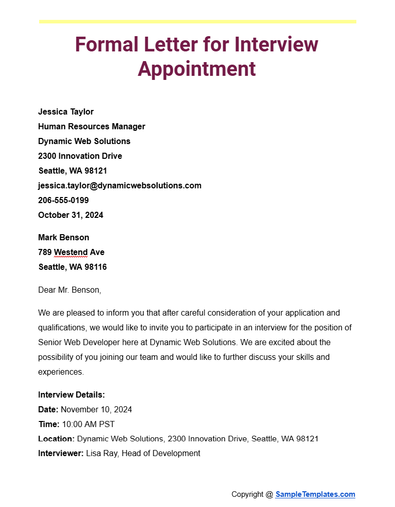 formal letter for interview appointment