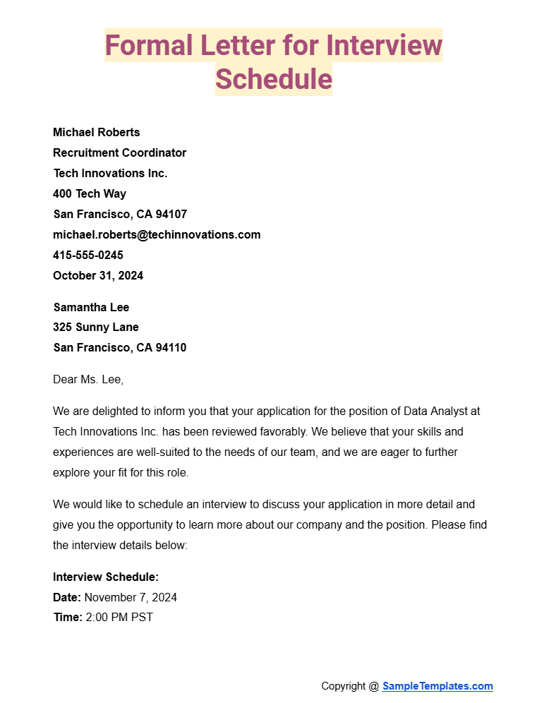 formal letter for interview schedule