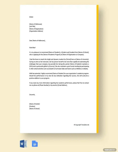 free academic reference letter for student template