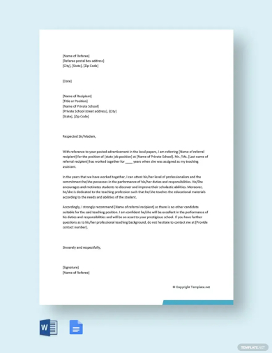 free family reference letter for private school template