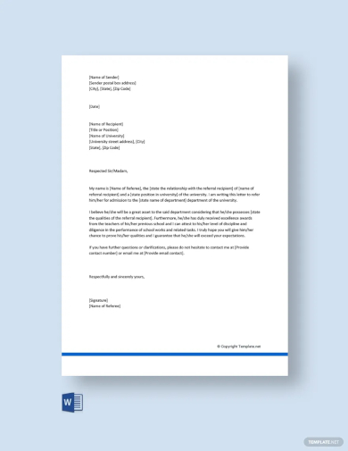 free family reference letter for school template