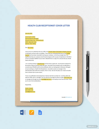 free health club receptionist cover letter template