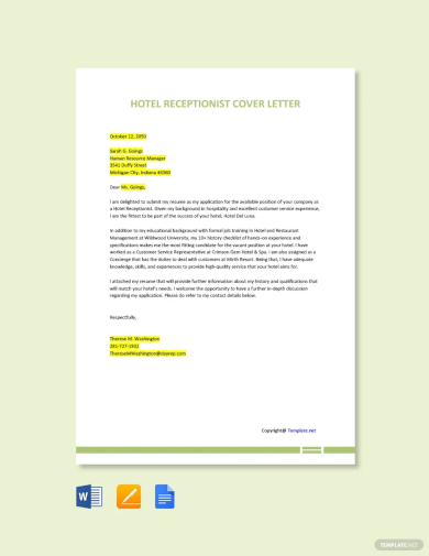 free hotel receptionist cover letter template