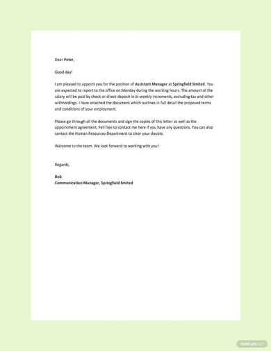 free job appointment letter template for new employee
