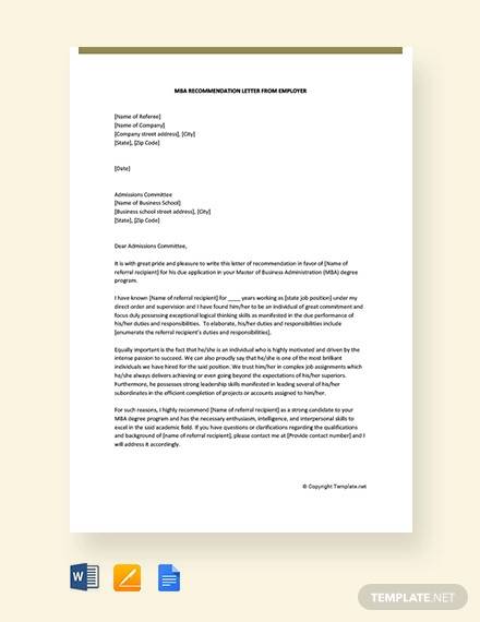 free mba recommendation letter from employer