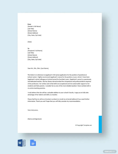 free recommendation letter for colleague teacher template
