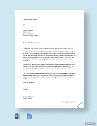 free reference letter for school admission template