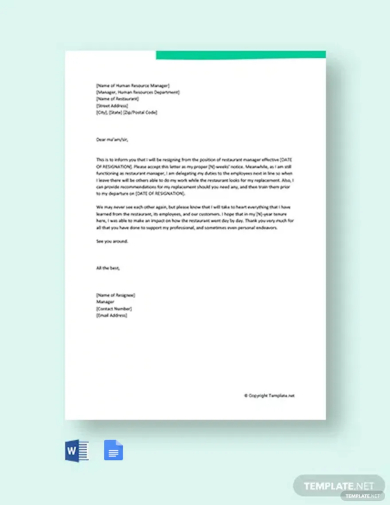 free restaurant manager resignation letter template