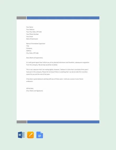 Letter Of Resignation For Retirement Template