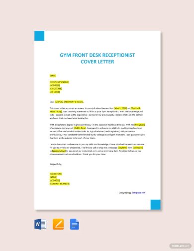 gym front desk receptionist cover letter template