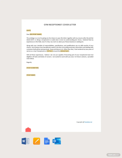 gym receptionist cover letter template