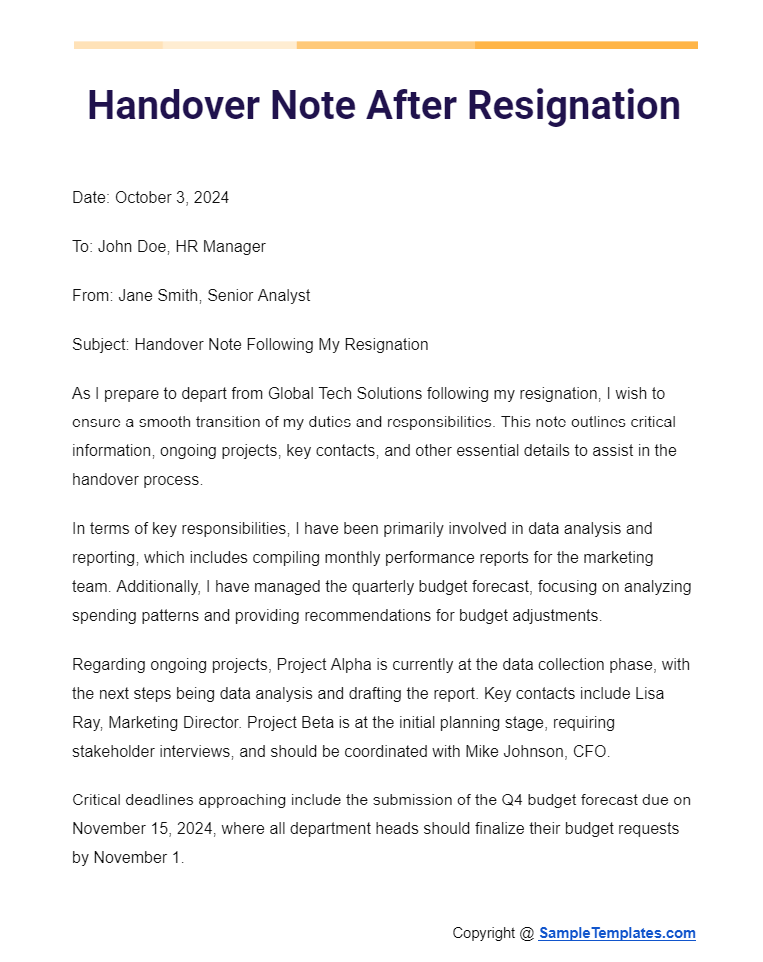 handover note after resignation