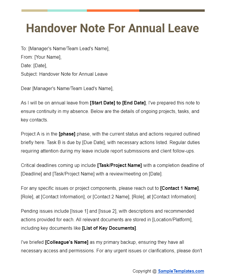 handover note for annual leave