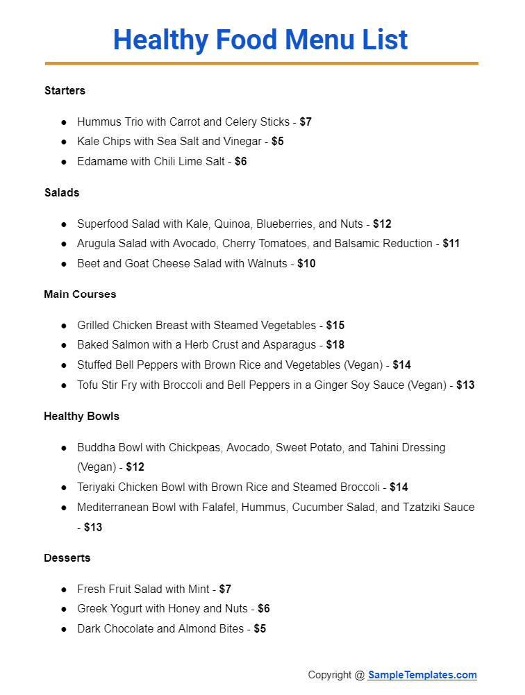 healthy food menu list