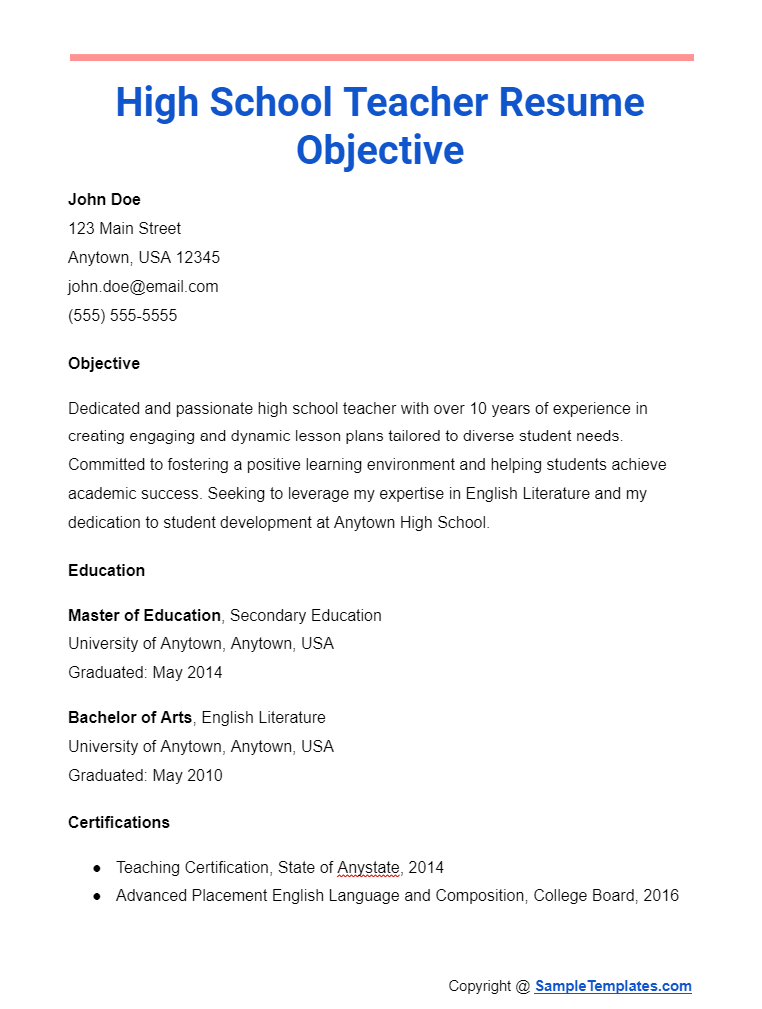high school teacher resume objective
