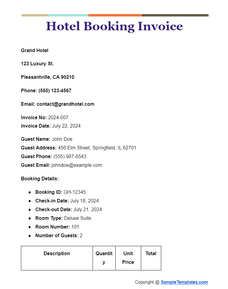 hotel booking invoice