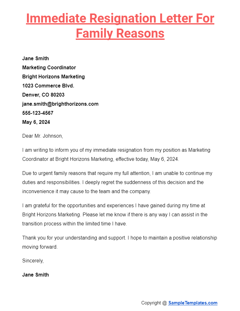 immediate resignation letter for family reasons