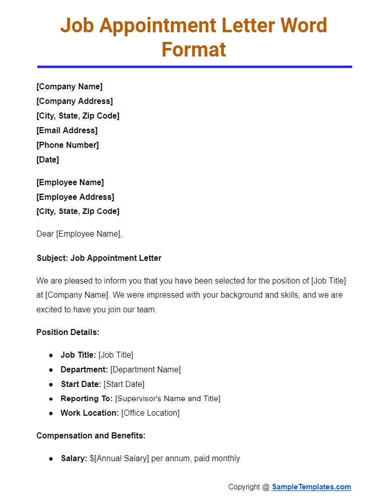 job appointment letter word format