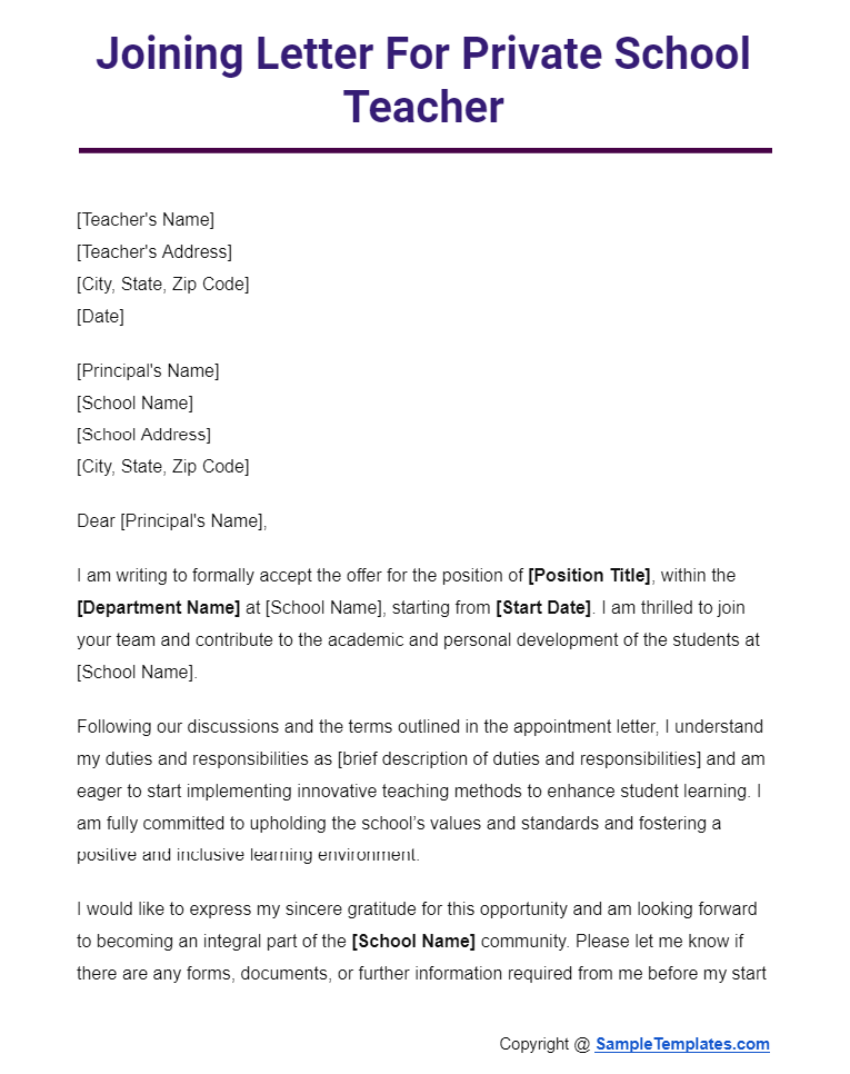 joining letter for private school teacher