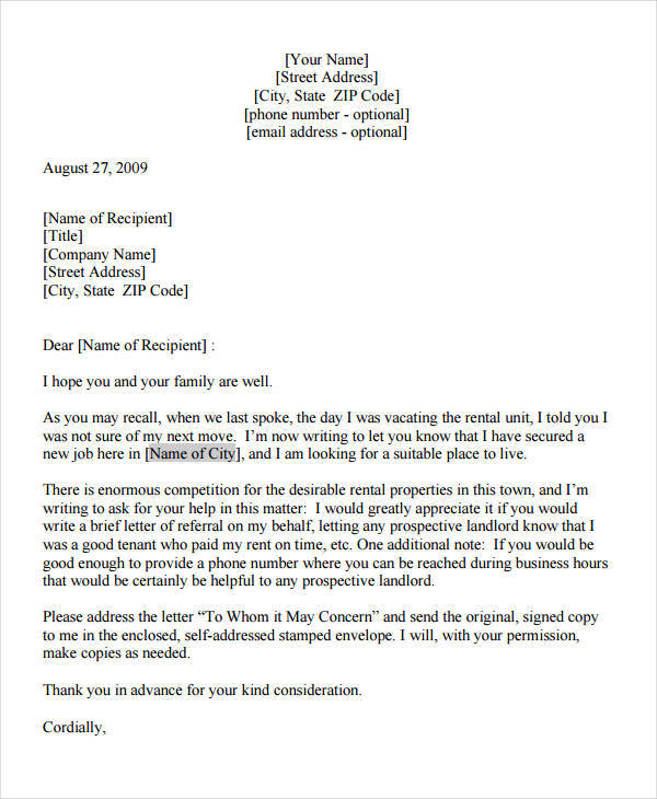 FREE 6+ Sample Landlord Recommendation Letter Templates in PDF | MS Word