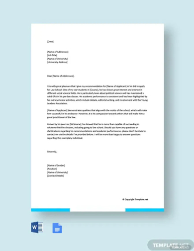 law school recommendation letter template