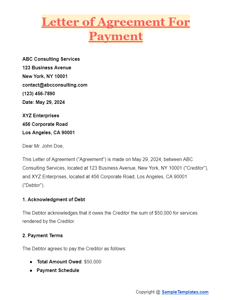 letter of agreement for payment