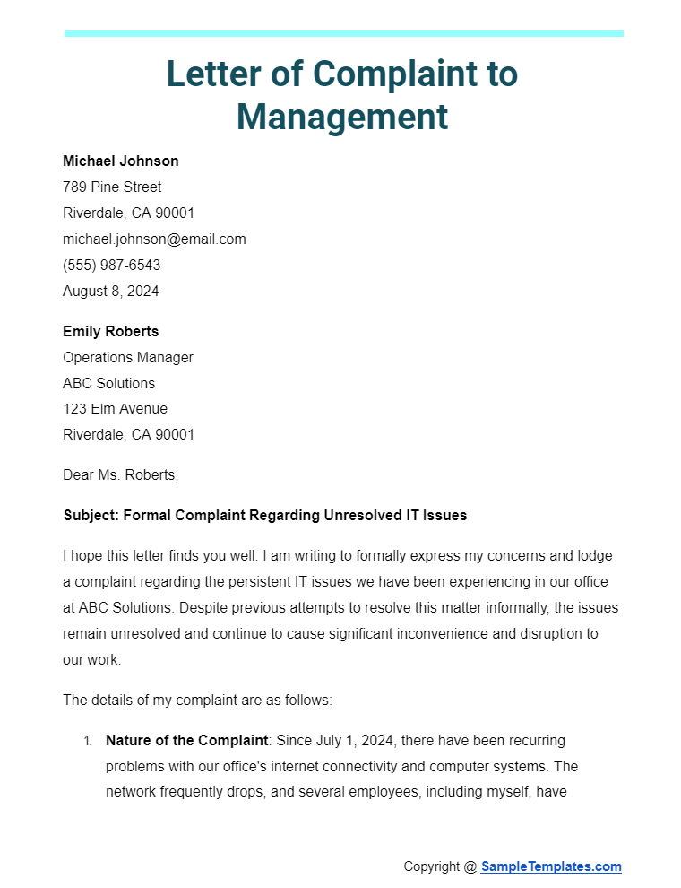 letter of complaint to management