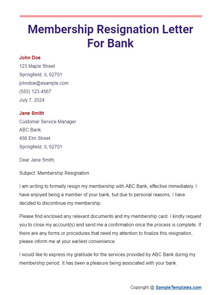 membership resignation letter for bank