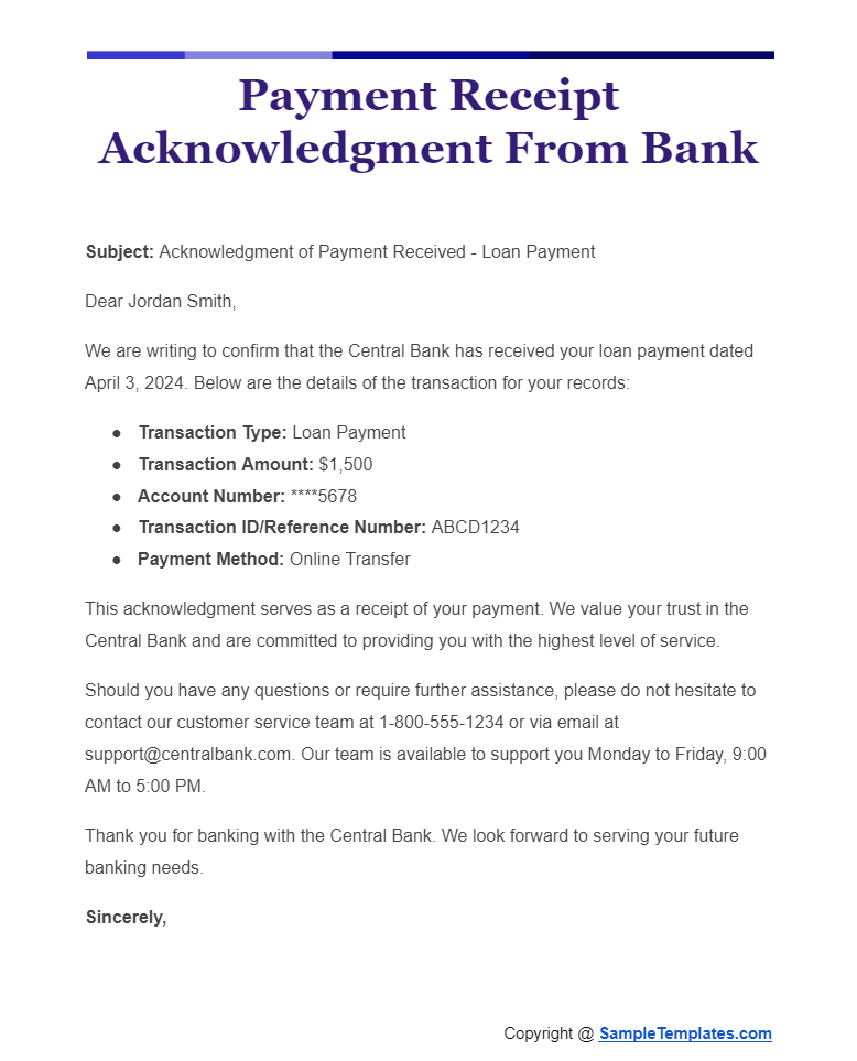 payment receipt acknowledgment from bank