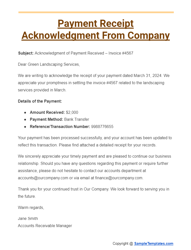 payment receipt acknowledgment from company