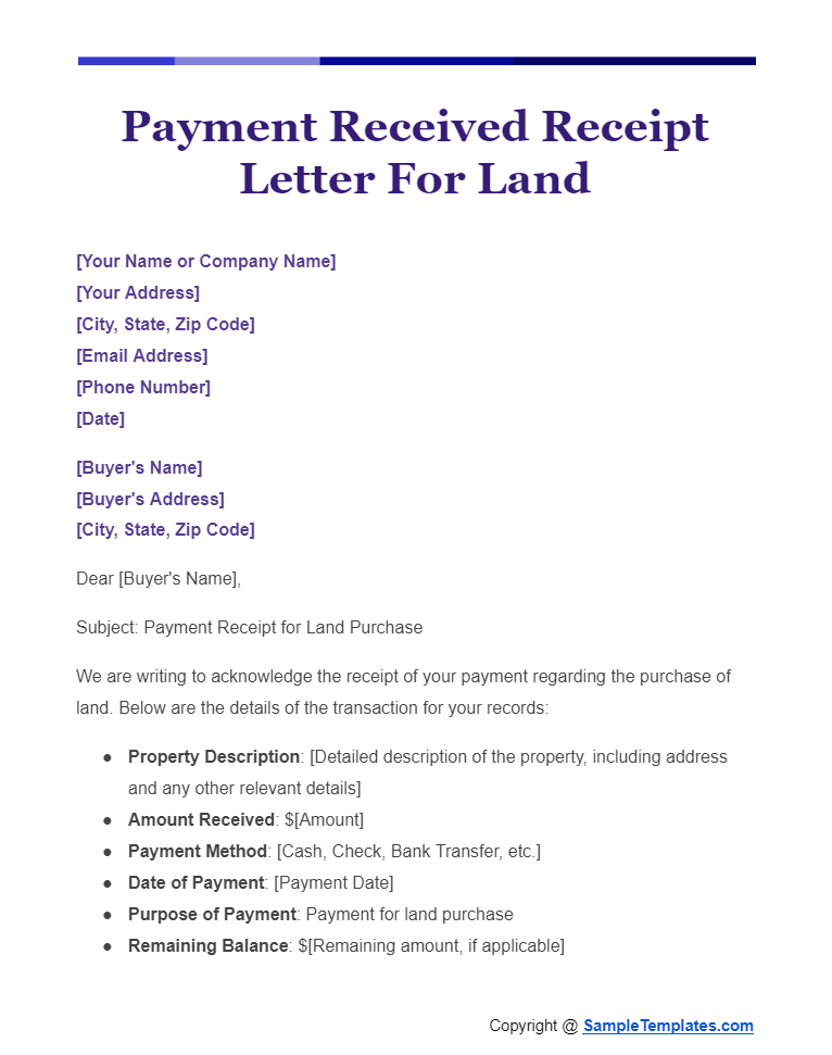 payment received receipt letter for land