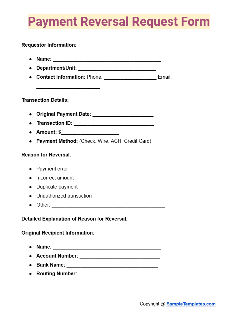 payment reversal request form