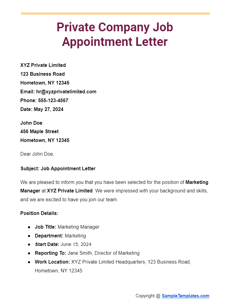 private company job appointment letter