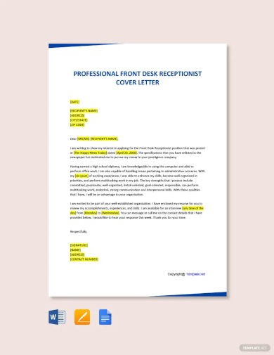 professional front desk receptionist cover letter template