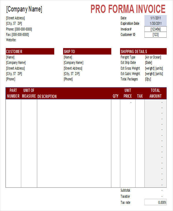 proforma invoice format in excel