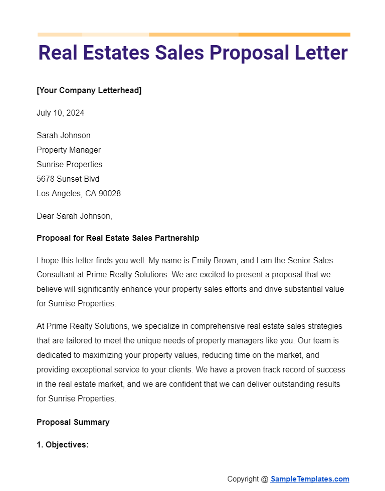 real estates sales proposal letter