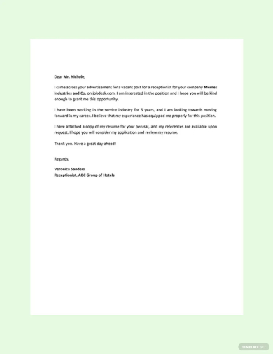 receptionist resume cover letter template
