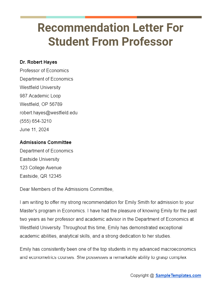 recommendation letter for student from professor