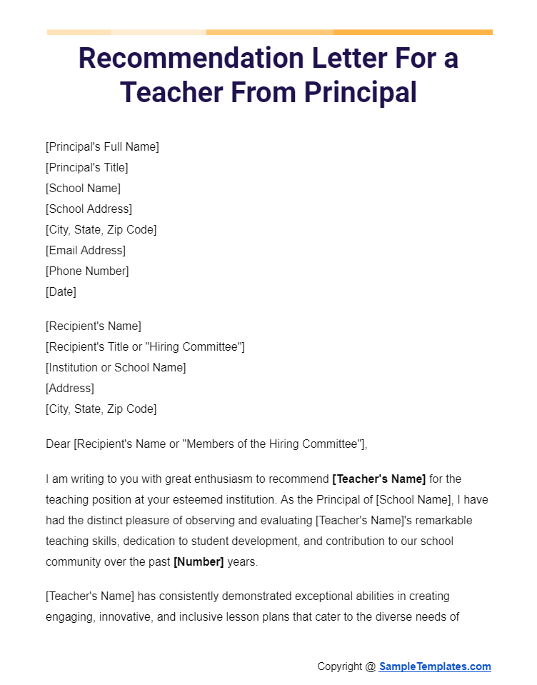 recommendation letter for a teacher from principal