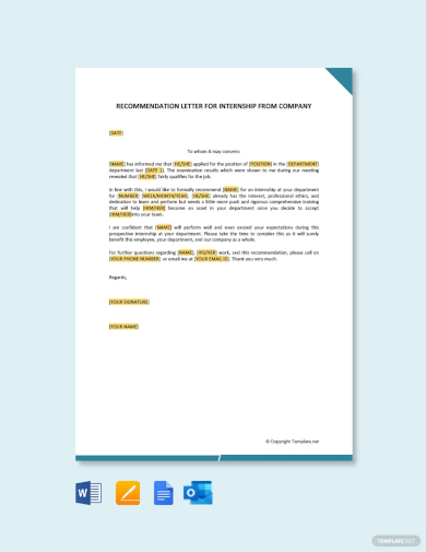 recommendation letter for internship from company template