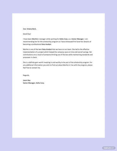 recommendation letter for scholarship from employer template