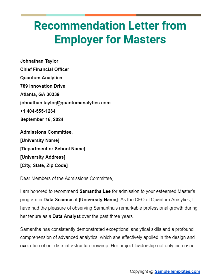 recommendation letter from employer for masters