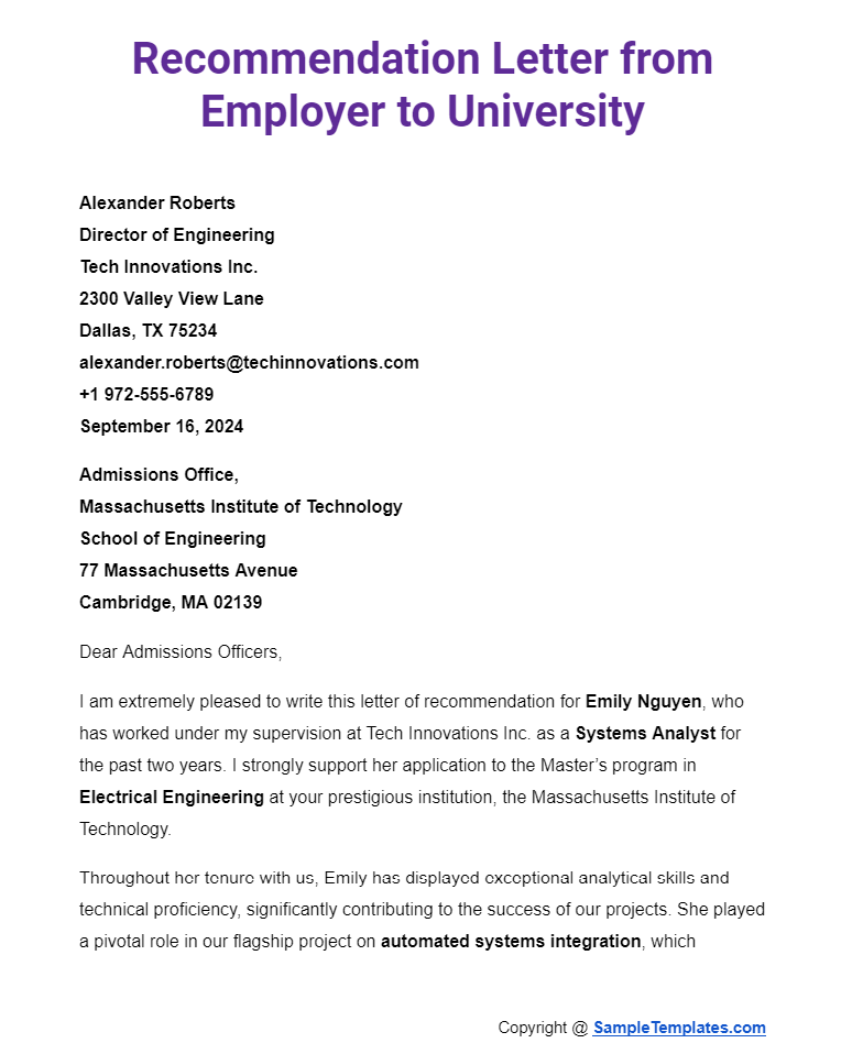 recommendation letter from employer to university